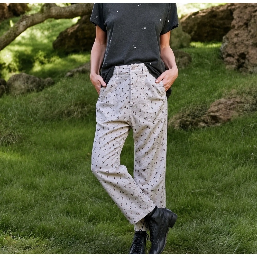 The Great. Ranger Floral Print Utility Pants Cream Tapered Crop Size 28